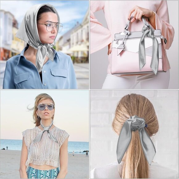 Women's Grey Silk Feeling Scarf 23.6'' Square Satin Scarf Neck Head Bandana - Picture 7 of 7